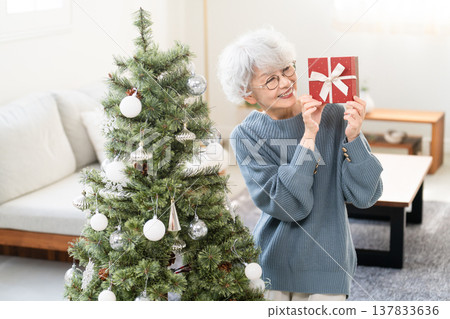Senior woman holding a Christmas gift Senior woman holding a Christmas gift 137833636