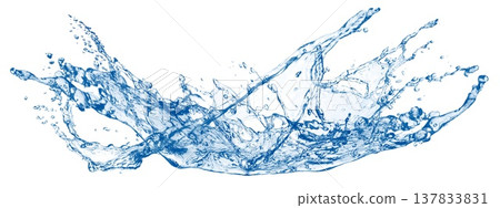 A 3D illustration of a dynamic, abstract blue splash of water on a white background. A 3D illustration of a dynamic, abstract blue splash of water on a white background. 137833831