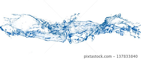 A 3D illustration of a dynamic, abstract blue splash of water on a white background. 137833840