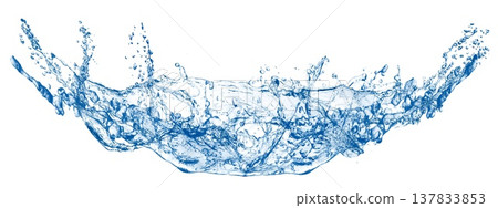 A 3D illustration of a dynamic, abstract blue splash of water on a white background. A 3D illustration of a dynamic, abstract blue splash of water on a white background. 137833853