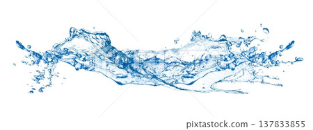 A 3D illustration of a dynamic, abstract blue splash of water on a white background. 137833855