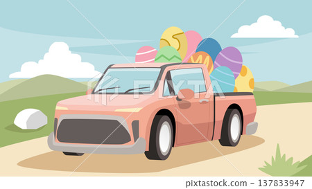 Pink pickup truck full of easter eggs driving on dirt road. Green hills and mountain under blue sky. Vector illustration for Easter Day. To go and celebrate the resurrection of Jesus Christ. 137833947
