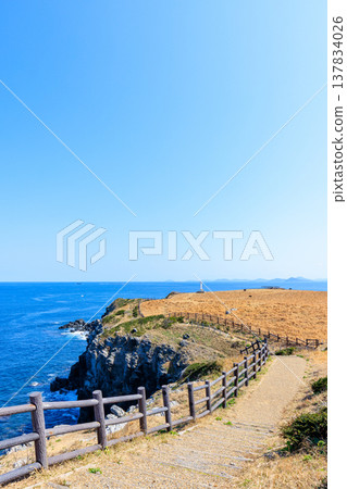 Early spring on Kabeshima Island: A view of the pasture and Hizen Tateishizaki Lighthouse from Suginohara Observatory, Karatsu City, Saga Prefecture. Early spring on Kabeshima Island: A view of the pasture and Hizen Tateishizaki Lighthouse from Suginohara Observatory, Karatsu City, Saga Prefecture. 137834026