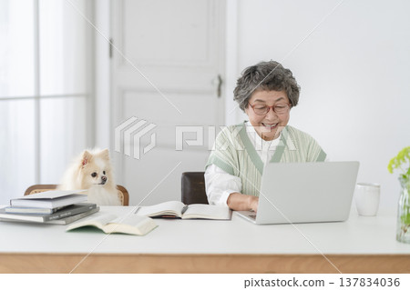 A senior woman who works at a desk and her beloved dog A senior woman who works at a desk and her beloved dog 137834036