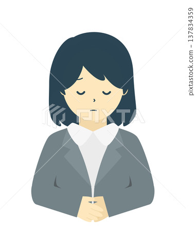 道歉的女白領 | 一位女商人道歉鞠躬的簡單插圖（正面，上半身） 137834359