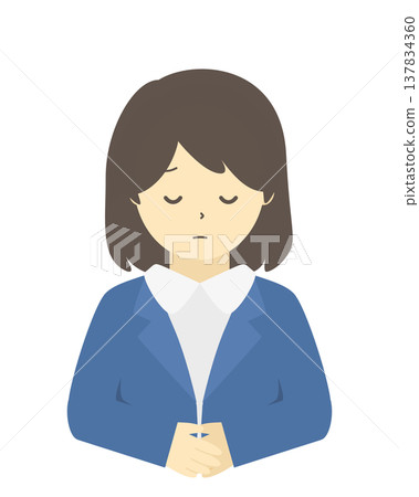 道歉的女白領 | 一位女商人道歉鞠躬的簡單插圖（正面，上半身） 137834360