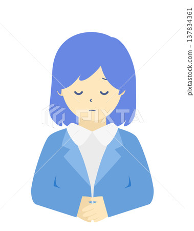 道歉的女白領 | 一位女商人道歉鞠躬的簡單插圖（正面，上半身） 137834361