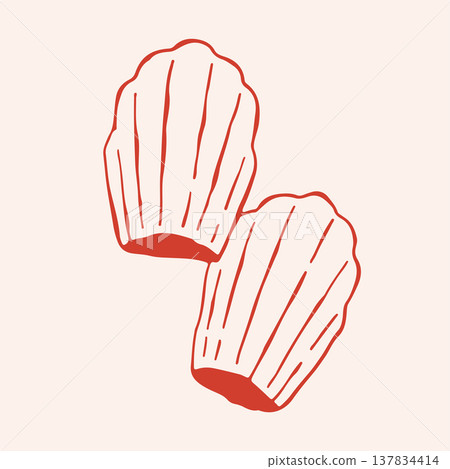 Two hand drawn French madeleine cookies in red line art style minimalist. Vector illustration of traditional shell shaped sponge cakes for bakery branding and sweet food design isolated clipart 137834414