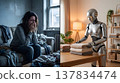 A comparative image (AI-generated) depicting a future where women, exhausted from housework and childcare, have androids take over their chores. 137834474