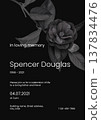 Modern memorial and funeral invitation card template design, dark grey decorated with semi-double Camellia flower and leaves 137834476