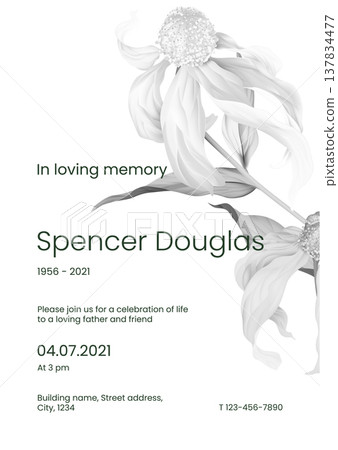 Modern memorial and funeral invitation card template design, white decorated with cutleaf coneflower 137834477