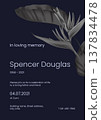 Modern memorial and funeral invitation card template design, dark blue decorated with heliconia rostrata flower and leaves 137834478