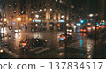 Frosted glass with water droplets against the backdrop of a night intersection | Rainy urban abstract background 137834517