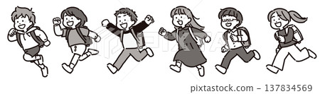 A monochrome illustration of a boy and a girl, both elementary school children, running with their school bags on their backs. 137834569