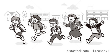 一幅黑白插圖，描繪了一群背著書包的小學生在鎮上奔跑的情景。 137834572