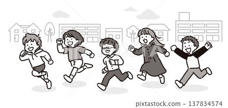A monochrome illustration of a group of elementary school boys and girls running through town. A monochrome illustration of a group of elementary school boys and girls running through town. 137834574
