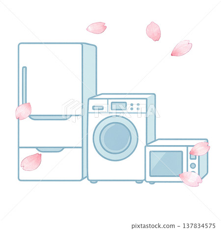 家用電器套裝：冰箱、洗衣機、微波爐。新生活主題。櫻花水彩插畫。 137834575