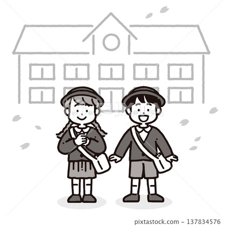 一幅黑白插圖，描繪了身穿校服的男孩和女孩在漫天櫻花中微笑的場景。 137834576