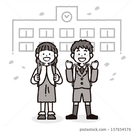 A monochrome illustration of a smiling boy and girl, both elementary school students, amidst a flurry of cherry blossoms. A monochrome illustration of a smiling boy and girl, both elementary school students, amidst a flurry of cherry blossoms. 137834578
