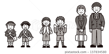 A set of monochrome illustrations of smiling, standing preschoolers, elementary school students, and middle and high school students in their school uniforms. A set of monochrome illustrations of smiling, standing preschoolers, elementary school students, and middle and high school students in their school uniforms. 137834580