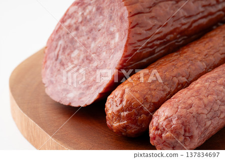 Close-up of two types of salami sausage Close-up of two types of salami sausage 137834697