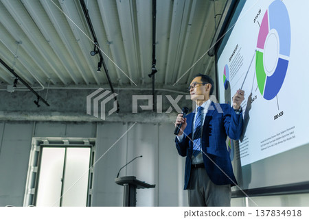 身著西裝的講師用教鞭來講解。 137834918