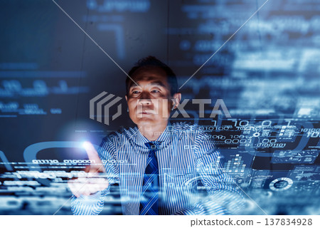 The face of a middle-aged businessman pointing in the darkness The face of a middle-aged businessman pointing in the darkness 137834928