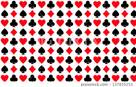 Playing cards, a colorful tile pattern background. A seamless all-over pattern of red and black suits. 137835253