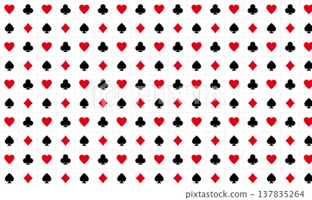 A colorful background featuring playing cards and a checkerboard pattern. A seamless tile pattern with red and black suits. 137835264