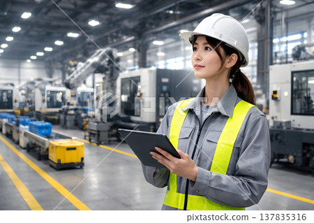 Female worker uses tablet to manage production. Female worker uses tablet to manage production. 137835316