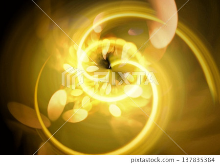 A swirling wave of golden neon light against a black background. Technology/Digital background. 137835384
