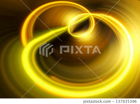 黑色背景上，金色霓虹燈光如漩渦翻騰。科技/數位背景。 137835396
