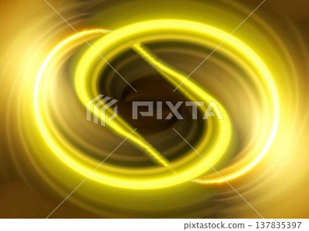 A swirling wave of golden neon light against a black background. Technology/Digital background. 137835397