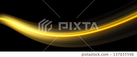 A wavy line of golden neon light flowing against a black background. Technology/Digital background. A wavy line of golden neon light flowing against a black background. Technology/Digital background. 137835598
