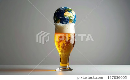 A concept image symbolizing sustainability and the environment, depicting the Earth floating on beer foam. (Created with Adobe Firefly) A concept image symbolizing sustainability and the environment, depicting the Earth floating on beer foam. (Created with Adobe Firefly) 137836005