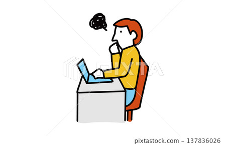 An illustration of a man who finds using a computer cumbersome. 137836026