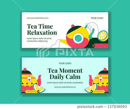 Social Media Banner Flat Cartoon Hand Drawn Illustration for International Tea Day 137836093
