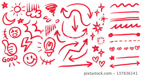 Versatile hand-drawn illustrations: arrows, sparkles, facial expressions, anxiety, thumbs-up, weather. 137836141
