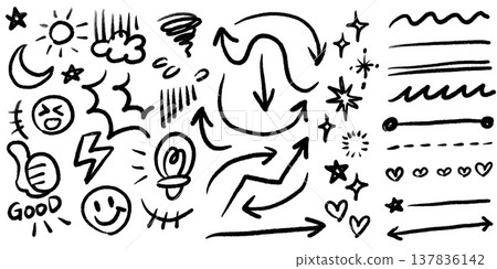 Versatile hand-drawn illustrations: arrows, sparkles, facial expressions, anxiety, thumbs-up, weather. 137836142