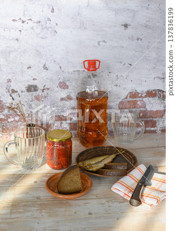 Still life with beer, crayfish, bread and salted fish 137836199