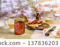 Still life with beer, crayfish, bread and salted fish 137836203