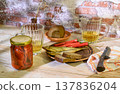 Still life with beer, crayfish, bread and salted fish 137836204