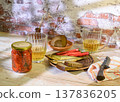 Still life with beer, crayfish, bread and salted fish 137836205