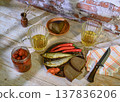 Still life with beer, crayfish, bread and salted fish 137836206