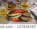Still life with beer, crayfish, bread and salted fish 137836587