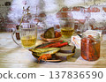 Still life with beer, crayfish, bread and salted fish 137836590