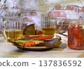 Still life with beer, crayfish, bread and salted fish 137836592