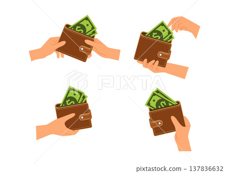 Set of illustrations of hands holding brown wallets with paper money, stock illustration. 137836632