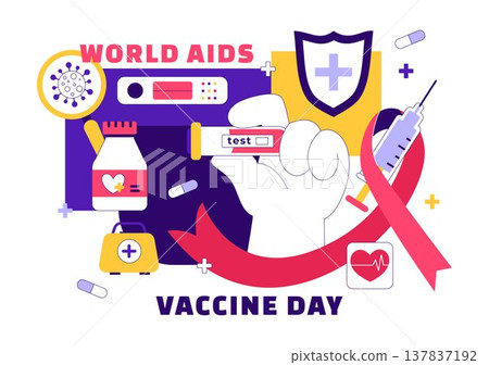 World AIDS Vaccine Day Vector Illustration Featuring Red Ribbon Awareness, Syringe Shield Protection, Immunization Campaign and Global Health Design 137837192