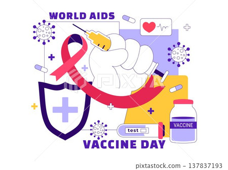 World AIDS Vaccine Day Vector Illustration Featuring Red Ribbon Awareness, Syringe Shield Protection, Immunization Campaign and Global Health Design 137837193